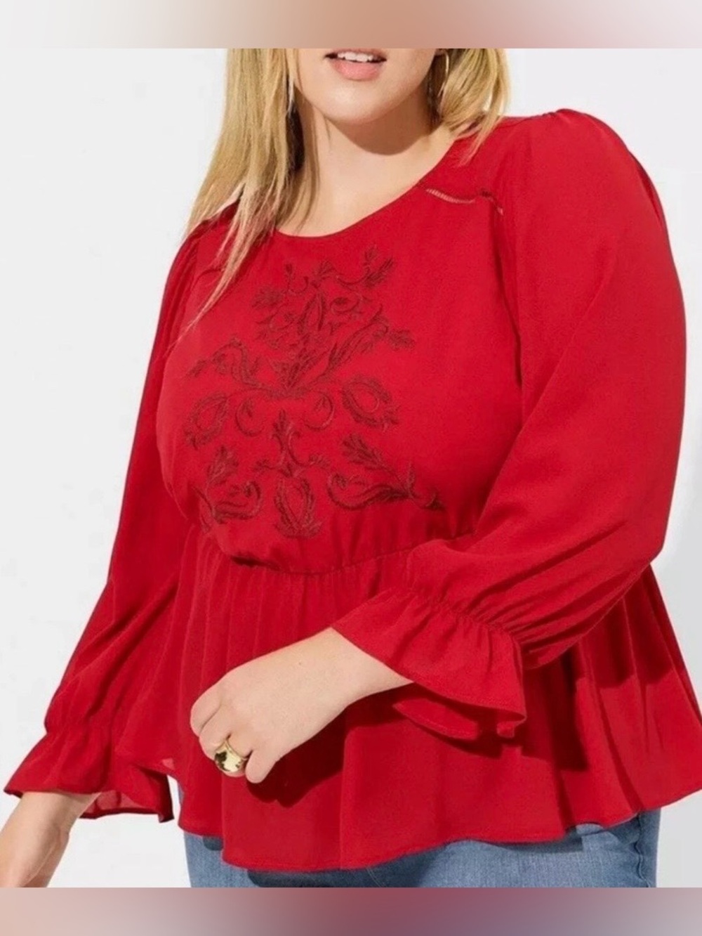 Torrid Women’s Peplum Blouse Plus Size 2 (18W/20W) Dark Red Embroidered Long